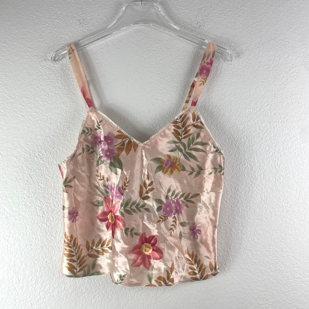 Kathryn Camisole Tank Top M Pink Floral Satin Lace Trim V-Neck Coquette Dainty